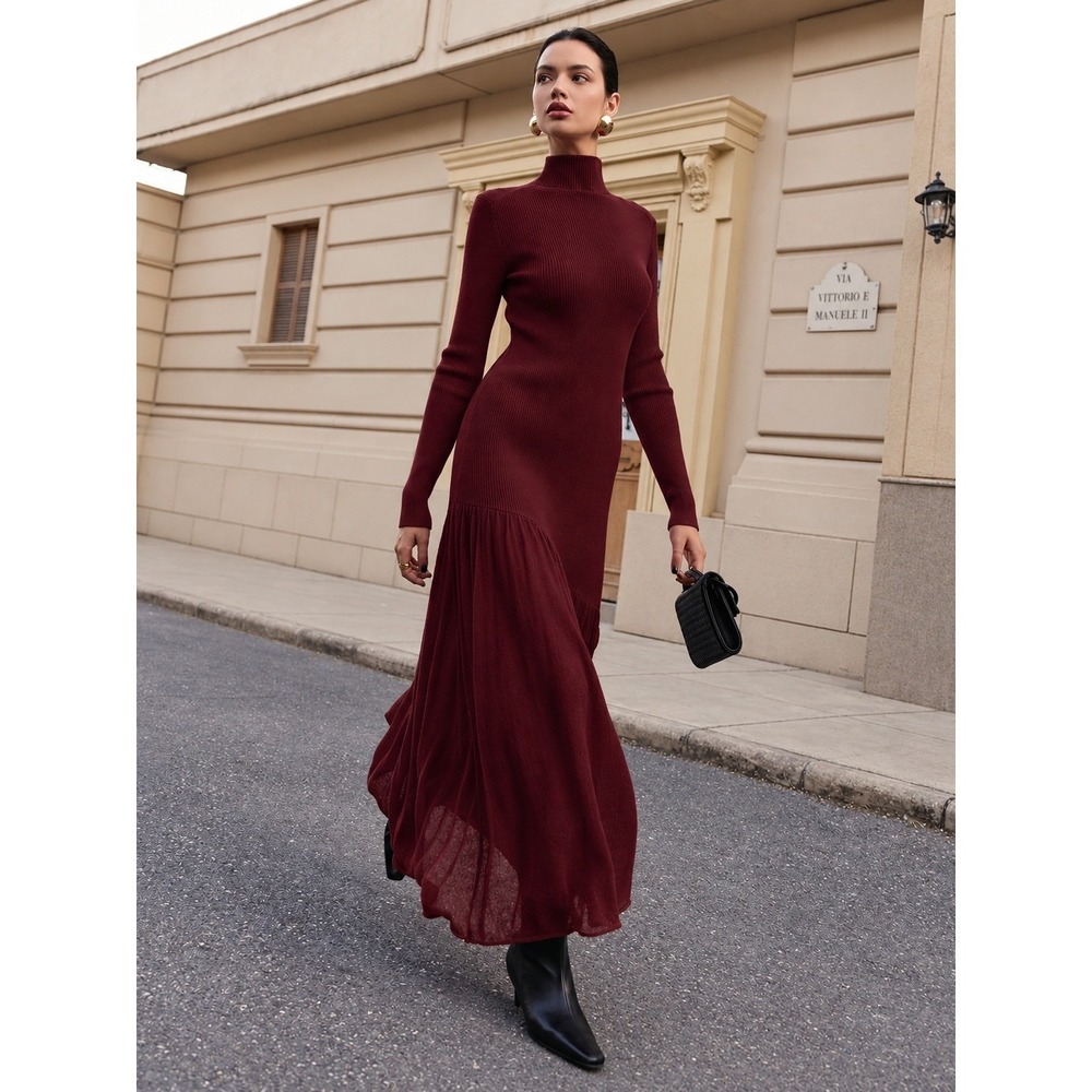 COMMENSE Burgundy Mock Neck Pleated Sweater Maxi Dress US 4 S NWT